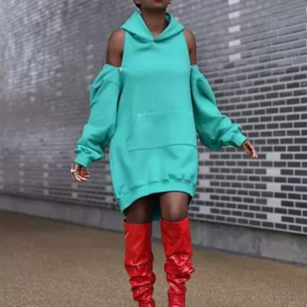 Turquoise Cold-Shoulder Hoodie Tunic/Dress